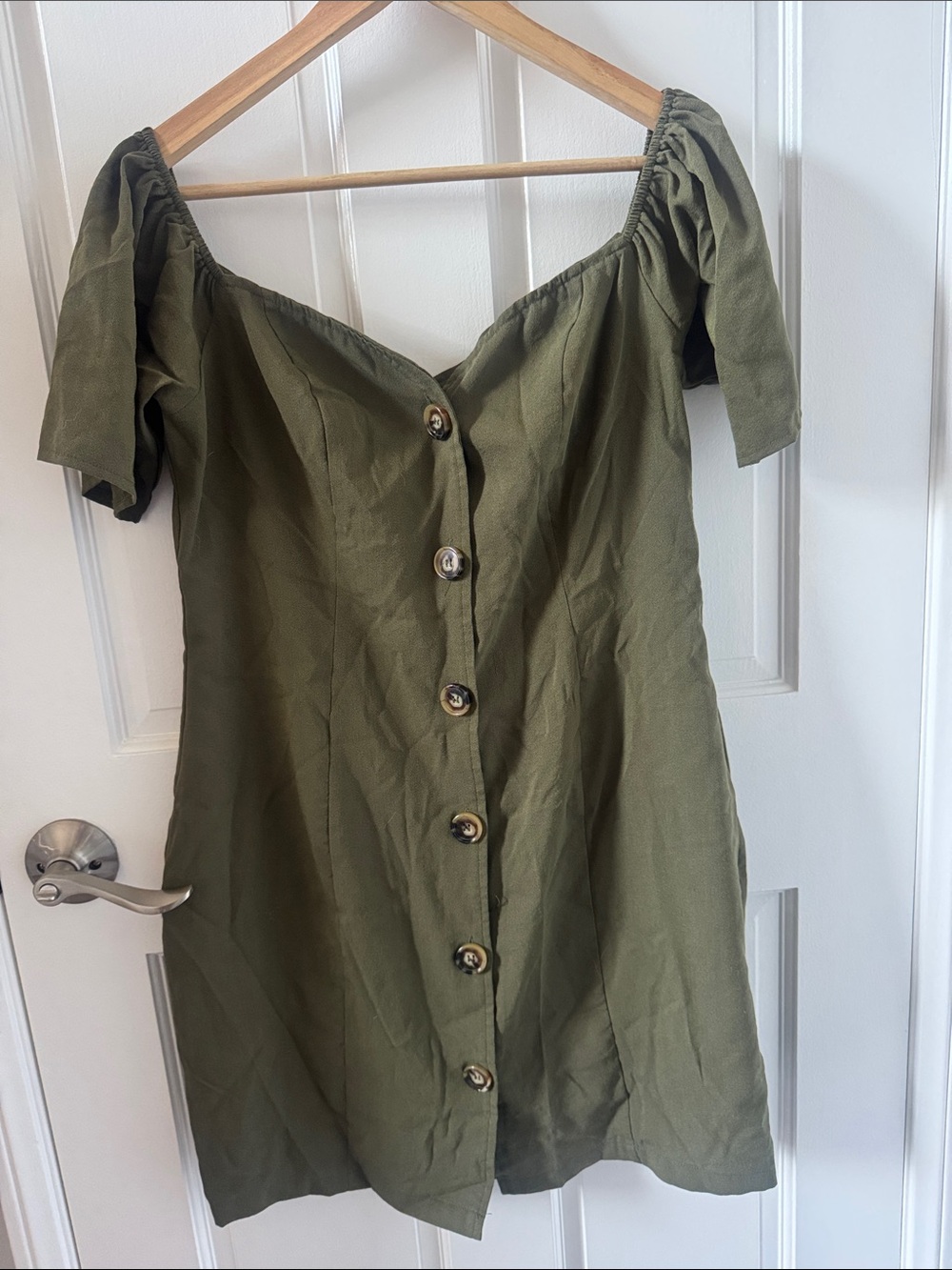 Boohoo Olive Green Off-Shoulder Button-Front Dress